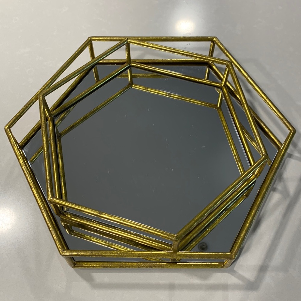 Gold glass mirror hexagonal trays
